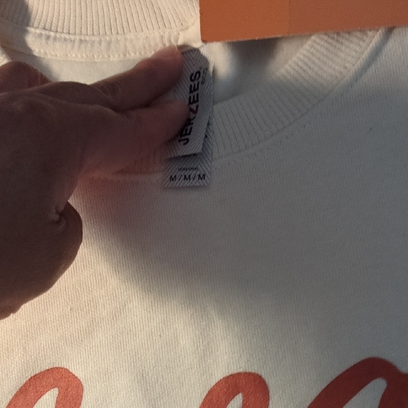 Jerzees Cream Crew Neck Sweater with Red and Yellow Design - Picture 3 of 9